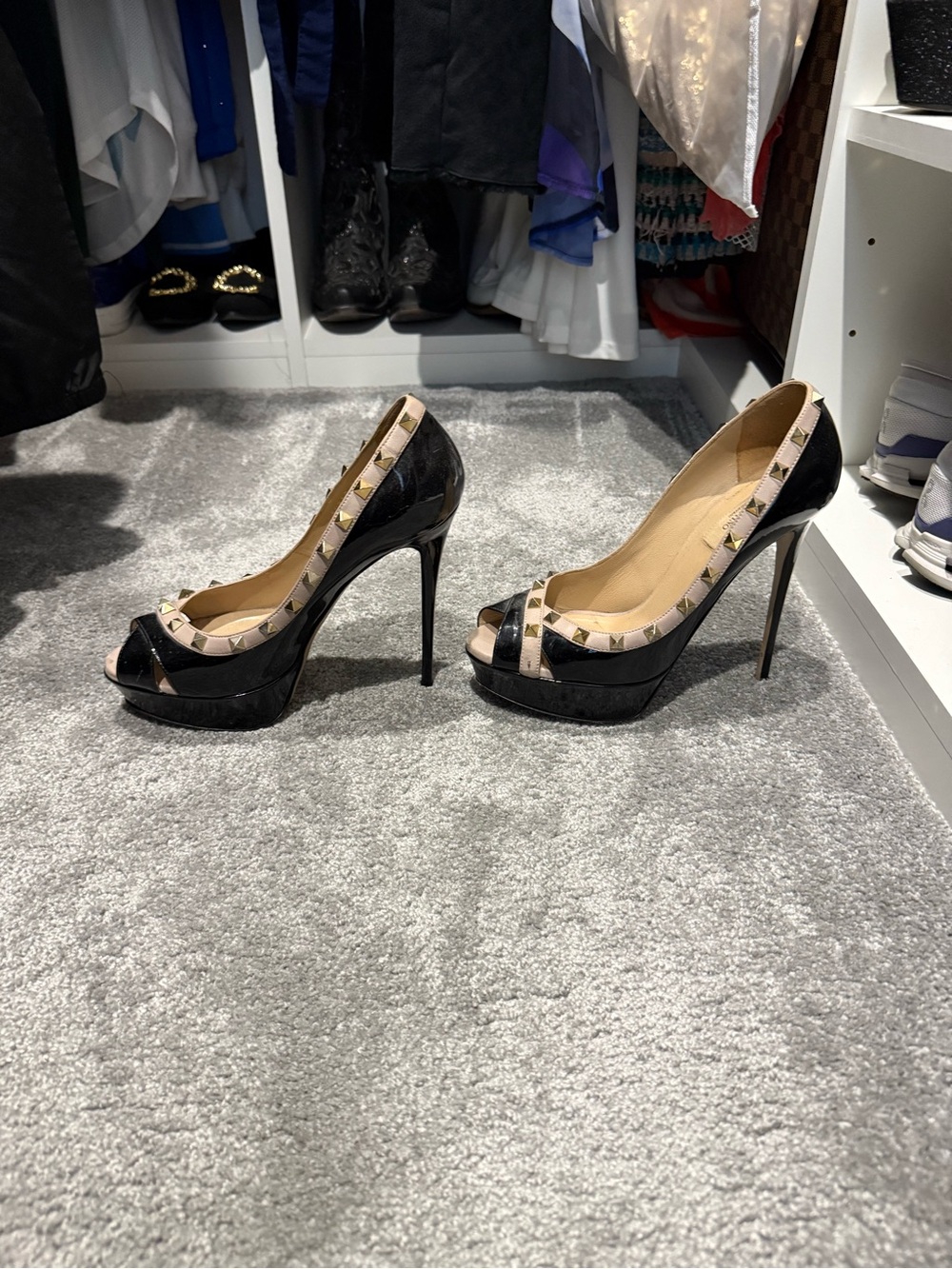 Valentino Garavani Black Patent Peep-Toe Pumps with Nude Rockstud Trim